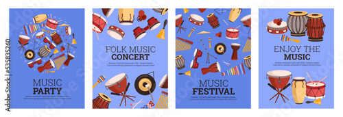Music festival, concert and party posters set, flat vector illustration.