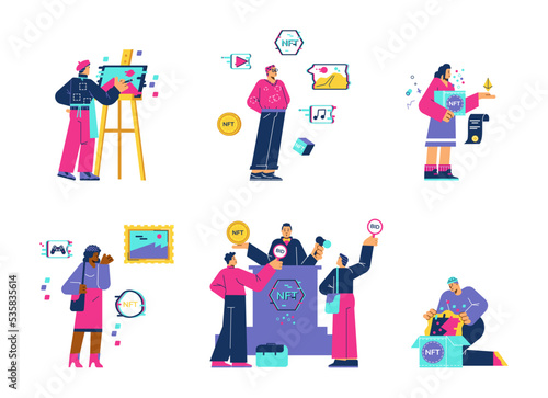 NFT Internet platform and sale of crypto art, flat vector illustration isolated.