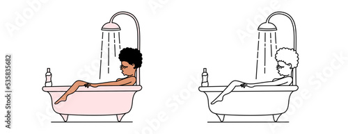 African black girl lies in the bathroom. Flat vector color illustration with outline.