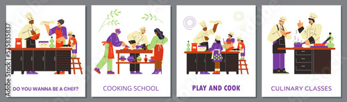Set of posters about culinary classes and cooking school flat style
