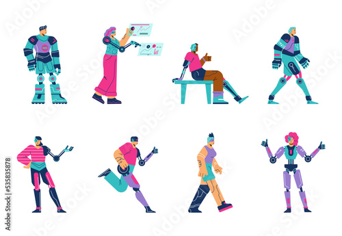 Human cyborg set, people with futuristic prothesisis - flat vector illustration isolated on white background.