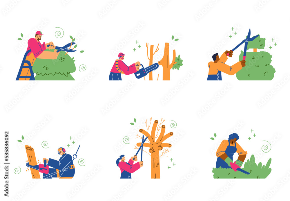 Gardening maintenance and pruning service banners vector illustration isolated.