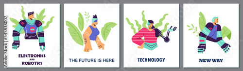 Set of posters with cyborg characters flat style, vector illustration