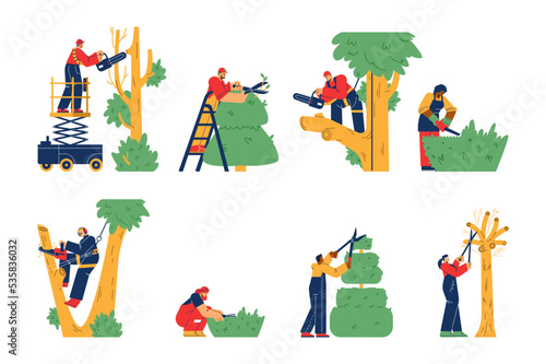 Garden workers trim the trees set of flat vector illustrations isolated.