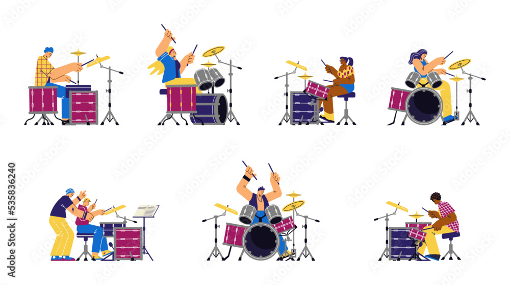 Fototapeta premium Set of male and female drummer characters flat style