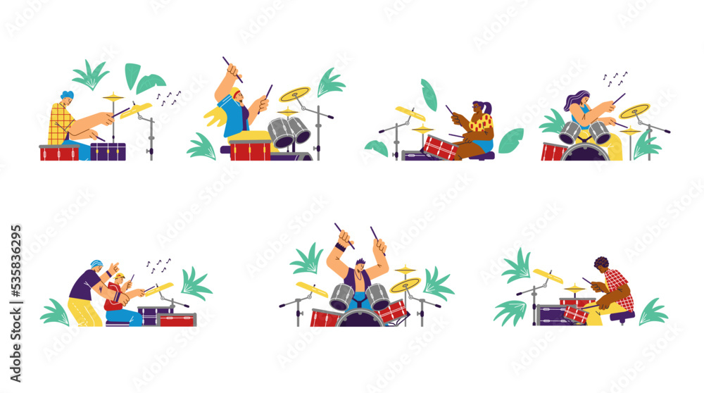 Drummers male and female cartoon characters flat vector illustration isolated.