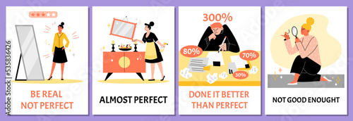 Set of posters about perfectionism flat style, vector illustration