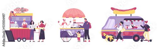Food festival vans and kiosks with food and drink, vector illustration isolated.