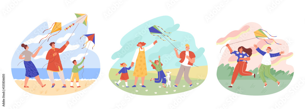 Fototapeta premium People flying kite together in nature, by the sea and in the field, flat vector illustration on white background.