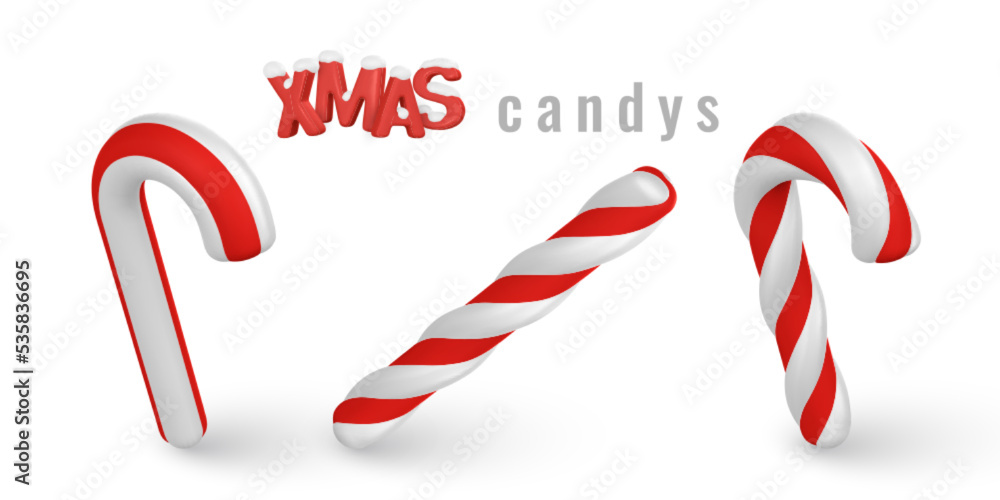 Obraz premium Set of 3d Christmas candy canes. Template for xmas or New Year greeting card. Vector illustration