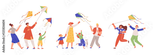 Families with children and couples playing with kite, flat vector isolated.