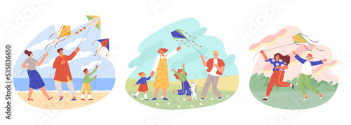 People flying kite together in nature, by the sea and in the field, flat vector illustration on white background.