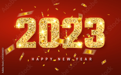 Happy New Year 2023, gold shiny glitter glowing numbers design of greeting card, Vector illustration