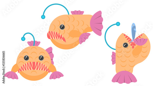 Set Abstract Collection Flat Cartoon Different Animal Fish Angler Swimming, Floats, Eats Fish Vector Design Elements Fauna Wildlife