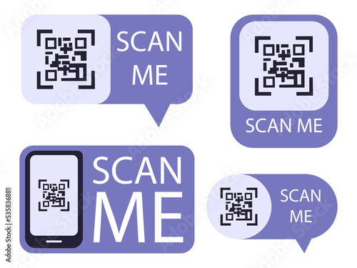 QR code payment scan me labels for smartphone app, vector illustration isolated.