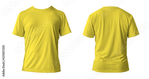 Blank yellow clean t-shirt mockup, isolated, front view. Empty tshirt model mock up. Clear fabric cloth for football or style outfit template.