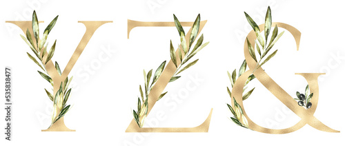 Watercolor gold letter Y,Z,& floral olive alphabet illustration.Botanical greenery uppercase leves decor for wedding invite, logo, baby shower, Monogram initials for frame art, poster, new baby name photo