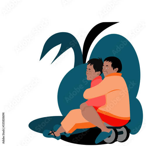 Two little boys  are playing together on wheels in outdoor.Preschool kids are laughing.Brother hugging his brother are smiling together. Vector illustration flat design concept for children’s days.