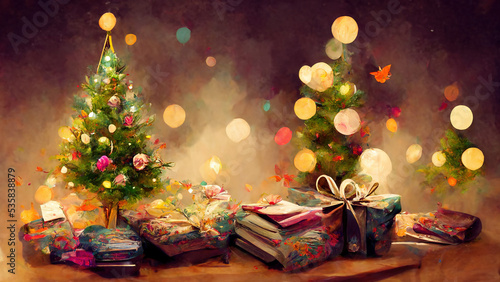 Weihnachtliches Dekobanner mit Weihnachtsbaum und Geschenke, Hintergrund Illustration © Stephan