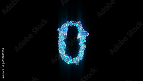 blue brilliants or frozen ice number 0 on black backdrop, isolated - object 3D illustration