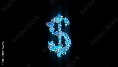 blue brilliants or ice crystals dollar - peso sign on black background, isolated - object 3D illustration