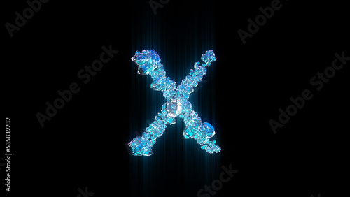 blue diamonds or ice letter X on black backdrop, isolated - object 3D illustration
