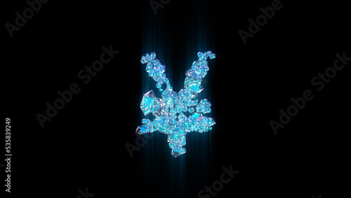 blue brilliants or ice crystals yen symbol on black background, isolated - object 3D illustration