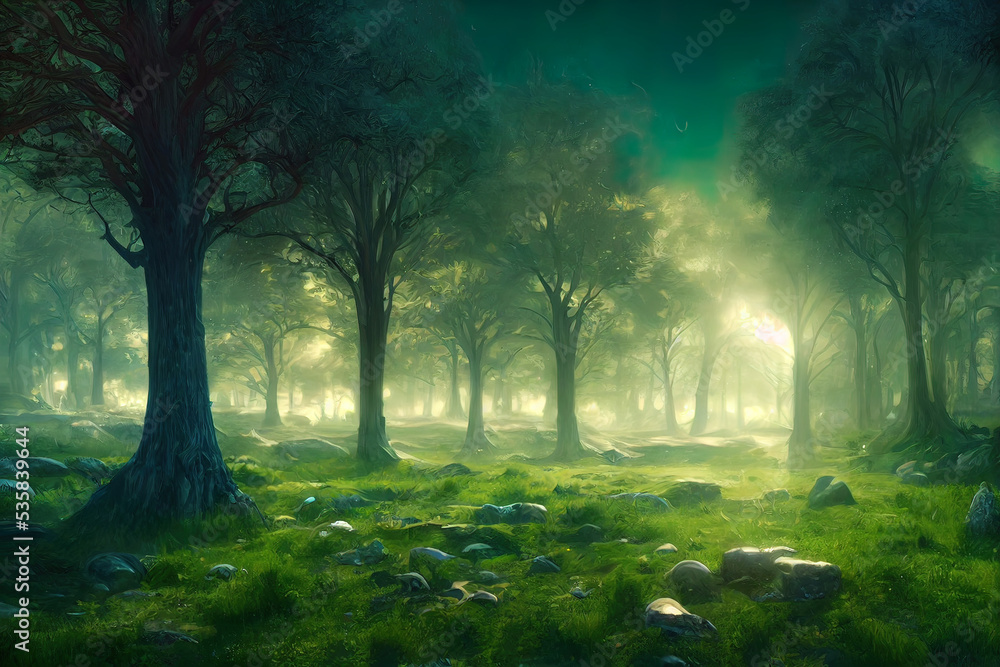 Obraz premium Dark Forrest with fog horror, halloween design illustrated 