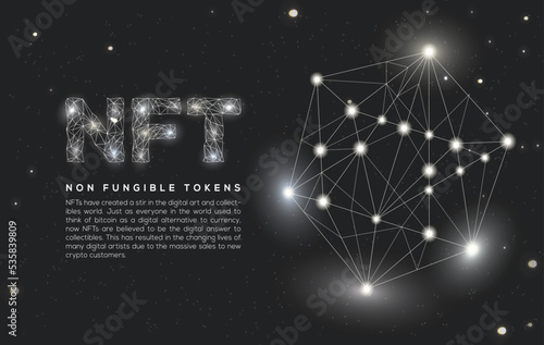 Black and white light sparkle NFT wallpaper. Non-fungible token in rgb light effect. Digital cryptocurrency background concept.