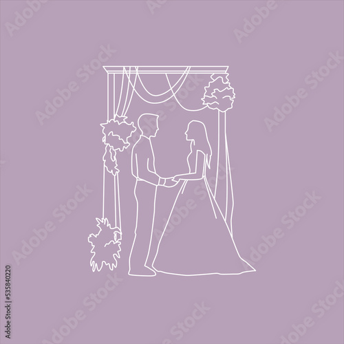 Illustration of a bride and groom under the wedding arch.