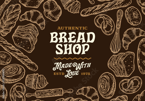 Bakery label and packaging design template for baked products branding and packaging. Vector baguette illustration