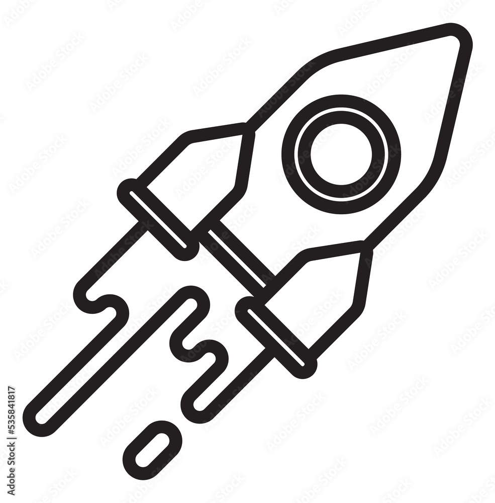 Rocket icon. Moving spacecraft in black line style Rocket icon. Moving spacecraft in black line style