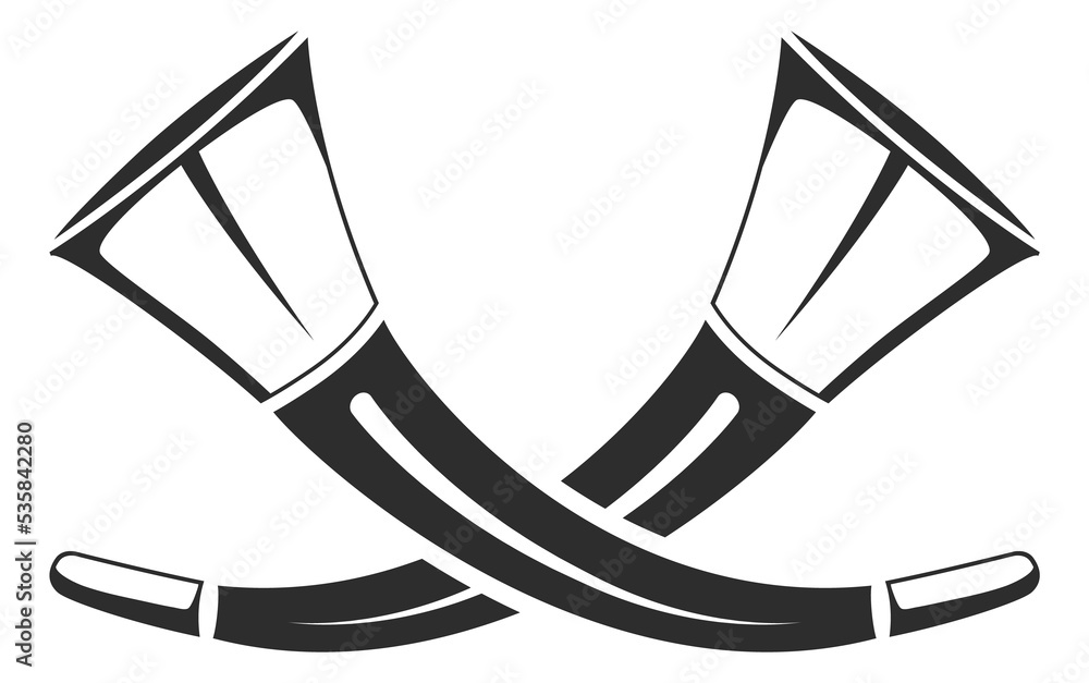 Crossed blowing horn icon. Hunter logo. Loud sound symbol Stock