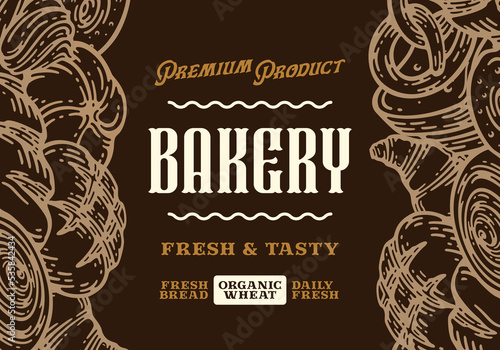 Bakery label and packaging design template for baked products branding and packaging. Vector baguette illustration