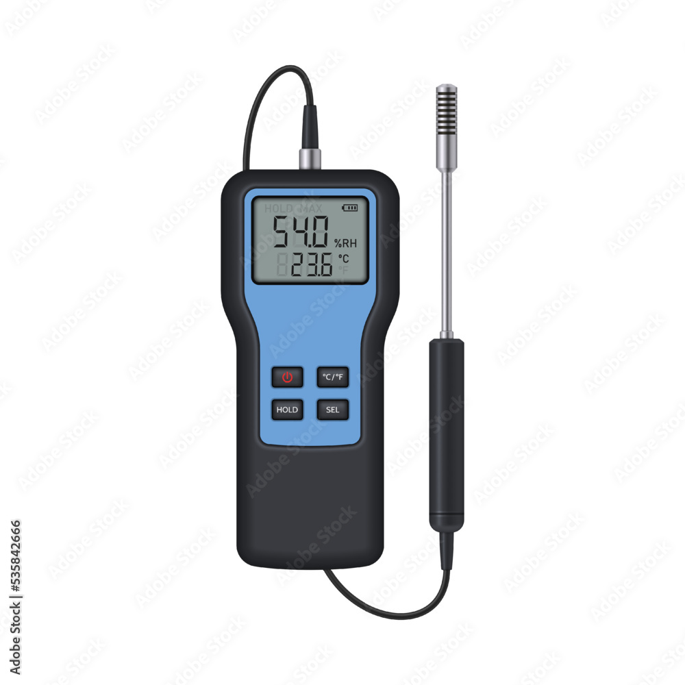 Thermohygrometer with probe on a white background. Measuring device