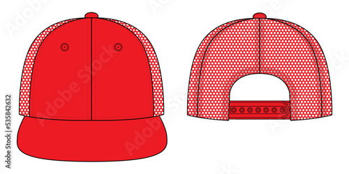 Red Hip Hop Cap with Mesh Four Panel Back Template on White Background, Vector File