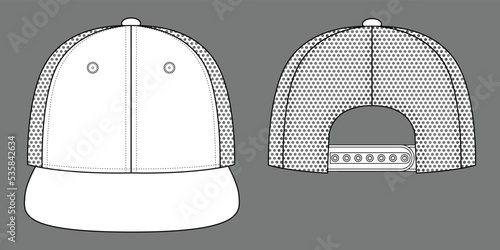 White Hip Hop Cap with Mesh Four Panel Back, Adjustable Snap-Back Strap Closure Template on Gray Background, Vector File.