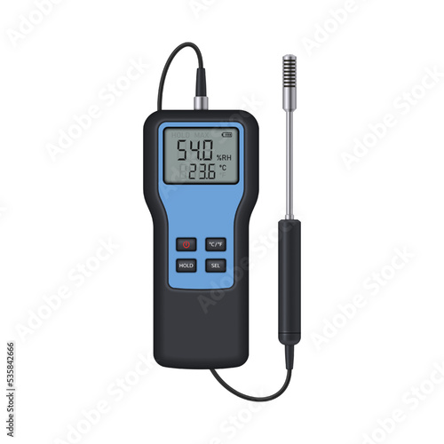 Thermohygrometer with probe on a white background. Measuring device designed to determine humidity and temperature. Vector illustration.