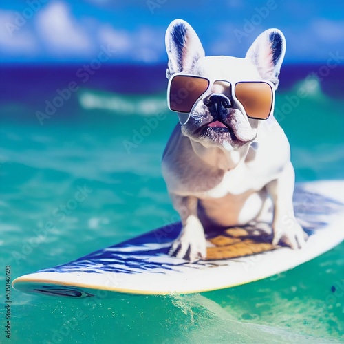 Hyper-realistic illustration of a dog wearing sunglasses while riding on a surfboard, closeup