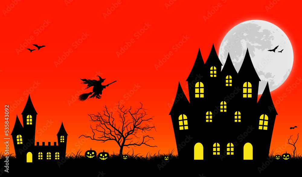 Halloween background with castle, full, moon, pumpkin, and bats illustration