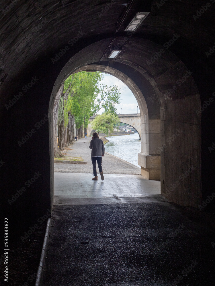 Walking through the Seine River tunnel