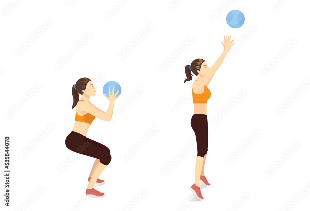 Vecteur Stock Women doing Medicine Ball Toss Up Exercise. Start with a  squat pose and Toss the ball above the head catch the ball and rep. Work  out with light gym equipment.