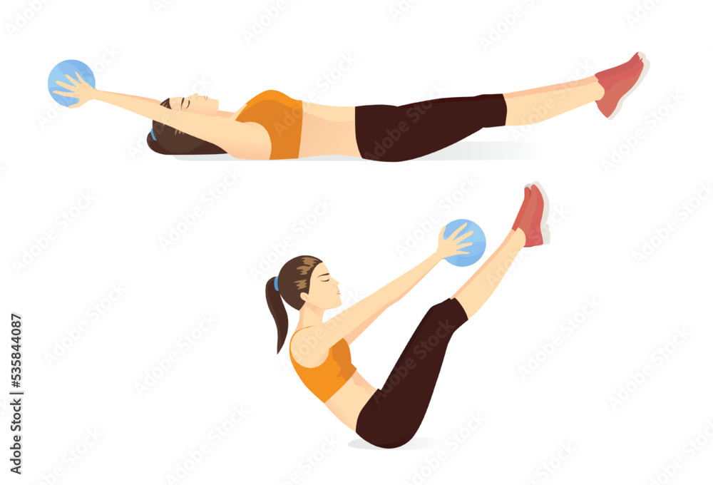 Women doing Medicine ball V up Exercise. Work out to reduce belly with light gym equipment