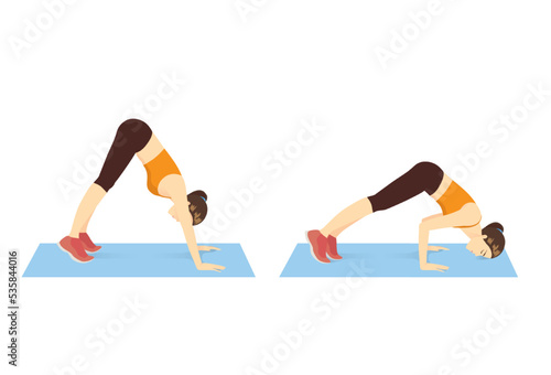 Women exercise with a shoulder push up pose on the blue yoga mat. Illustration about top body workout targets the shoulders more than the chest.