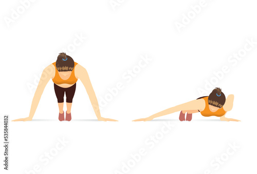 Women exercise with an Archer Push Ups pose. The workout targets the abdominals, quadriceps, and shoulder muscles.
