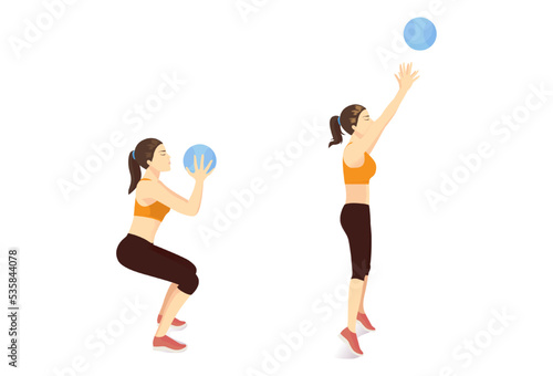 Women doing Medicine Ball Toss Up Exercise. Start with a squat pose and Toss the ball above the head catch the ball and rep. Work out with light gym equipment.