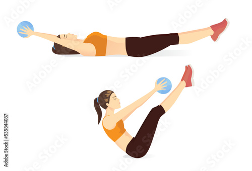 Women doing Medicine ball V up Exercise. Work out to reduce belly with light gym equipment.
