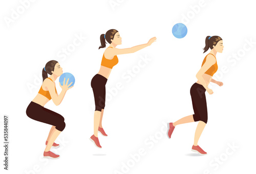 Sport women doing Exercise by Medicine Ball Throw to Chase pose. Exercise for the chest, leg, and calves with light gym equipment.