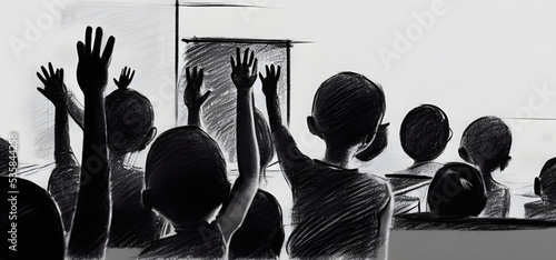 Children Participation Concept Design. Black And White Background. Digital Art Illustration. photo