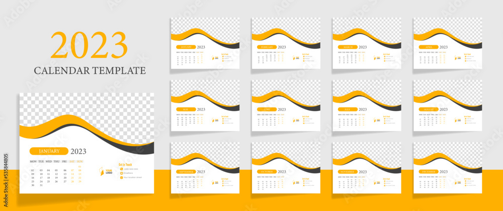 Desk calendar 2023 business template vector illustration with blue, red ...
